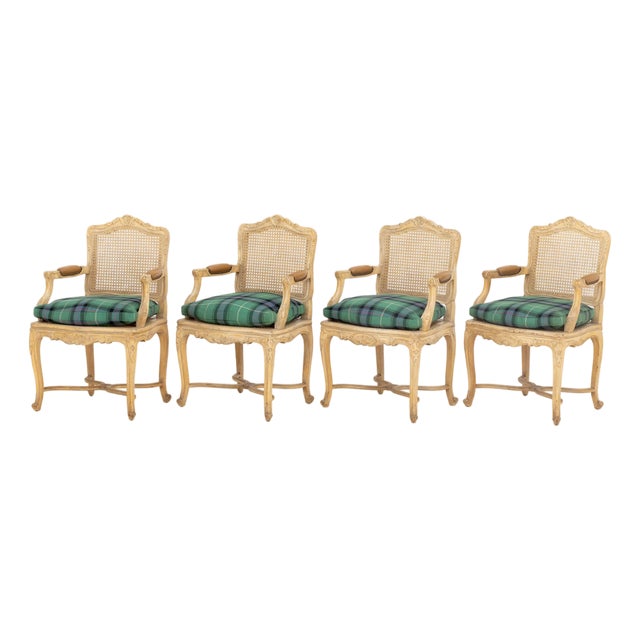 Set of Four Louis XV Style Cane-Paneled Arm Chairs For Sale