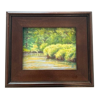Late 20th Century “Waving Grasses” – Signed Impressionist Landscape Oil Pastel Painting, Woodland Stream Scene, Custom Wood Frame For Sale