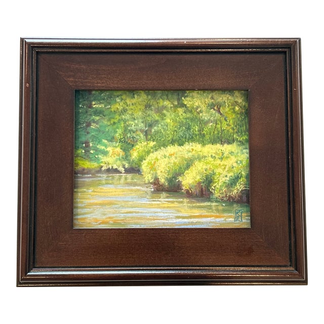 Late 20th Century “Waving Grasses” – Signed Impressionist Landscape Oil Pastel Painting, Woodland Stream Scene, Custom Wood Frame For Sale
