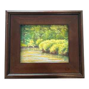 Late 20th Century “Waving Grasses” – Signed Impressionist Landscape Oil Pastel Painting, Woodland Stream Scene, Custom Wood Frame