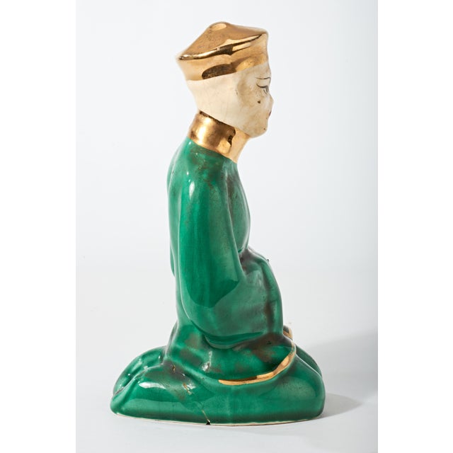 Figurative Vintage Ceramic Figurine of Kneeling Chinese Man in Green and Gold For Sale - Image 3 of 9