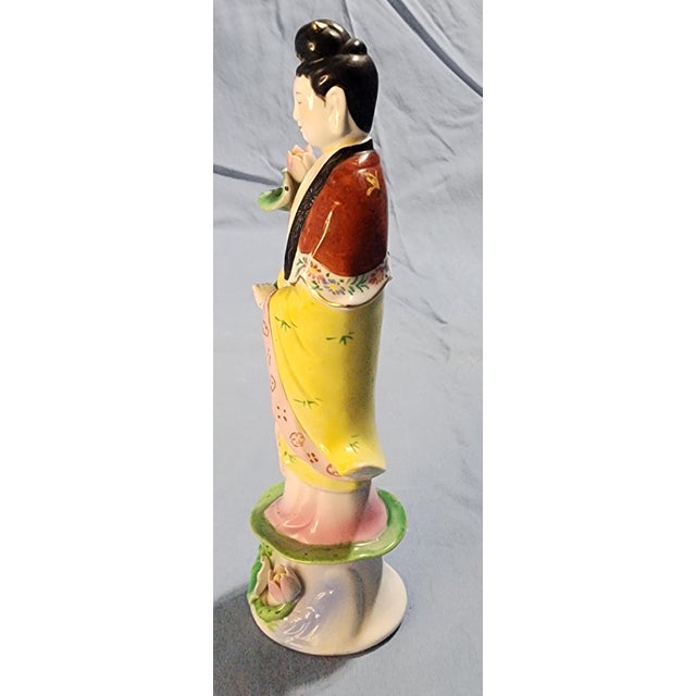 Yellow Vintage Chinese Statue Beautifully Detailed Figurine Hand-Painted Porcelain Asian Decor For Sale - Image 8 of 8