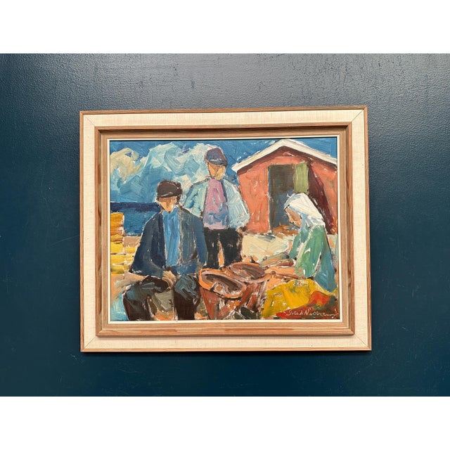 Svend Nielsen, Figures at the Fish Shed, 1950s, Oil on Canvas, Framed For Sale - Image 10 of 16