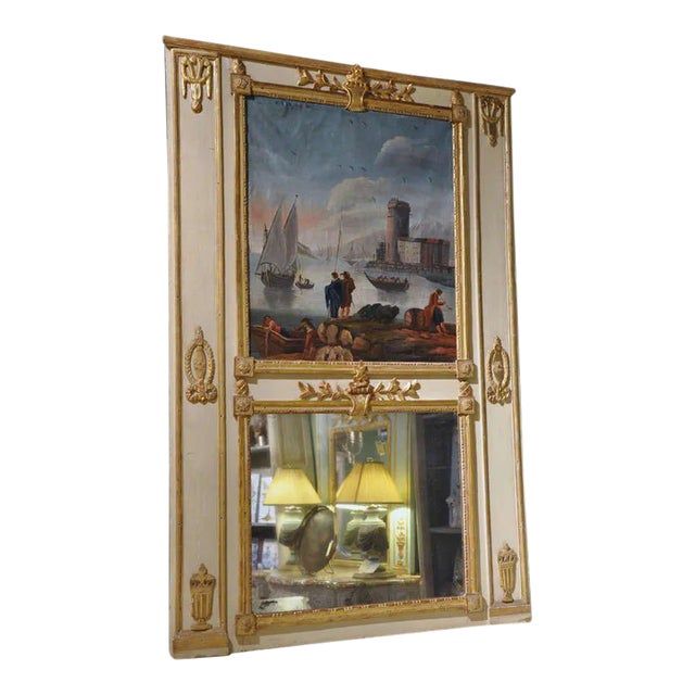 18th Century French Louis XVI Painted Giltwood Trumeau Mirror From Versailles For Sale