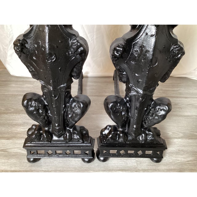 Circa 1900 Pair Of Lion Motif Andirons For Sale - Image 4 of 9