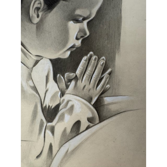 American 1940s Original Signed Graphite Illustration of Praying Young Girl, 11 × 8.5 In. For Sale - Image 3 of 6
