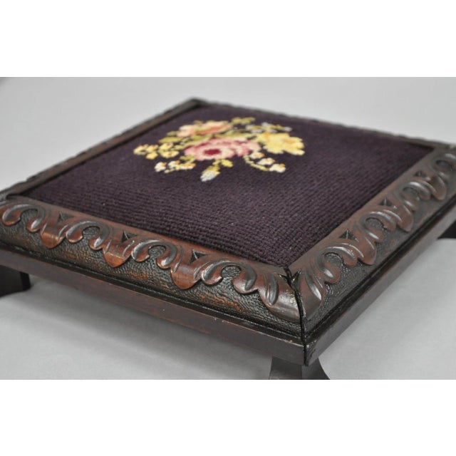 Brown Early 20th Century Antique Victorian Carved Solid Mahogany Floral Needlepoint Low Footstool Ottoman For Sale - Image 8 of 12