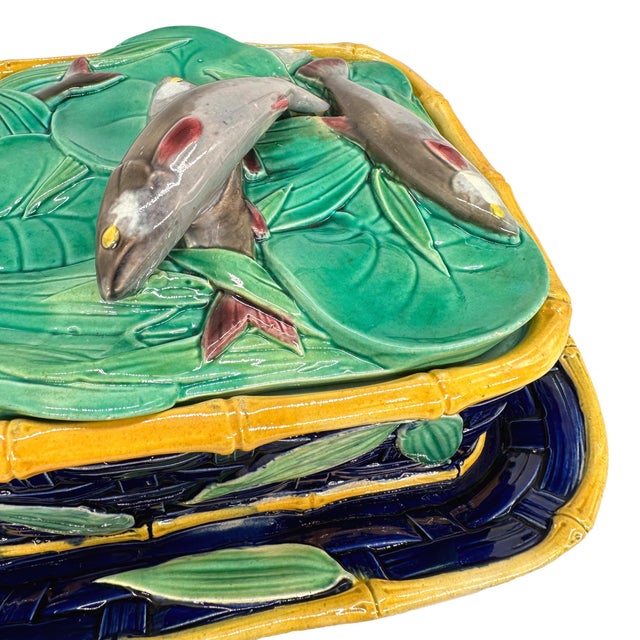 Ceramic A Victoria Pottery Majolica Cobalt Basketweave Sardine Box, English, Ca. 1883 For Sale - Image 7 of 12