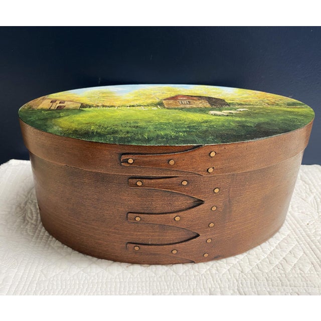 1980's Oval Bentwood Shaker Box, Folk Art Rural Scene, Artist Signed Inez, 11" For Sale - Image 9 of 17