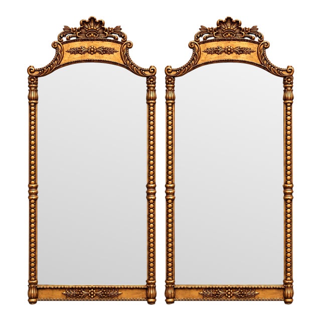 Mid-Century Italian Rococo Style Carved Giltwood & Composite Shell Wall Mirrors - Pair For Sale