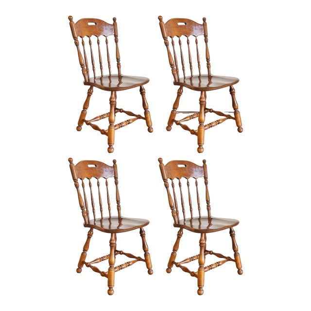 Vintage Ethan Allen Carved Maple and Birch Colonial Arrowback Dining Chairs, Set of 4 For Sale