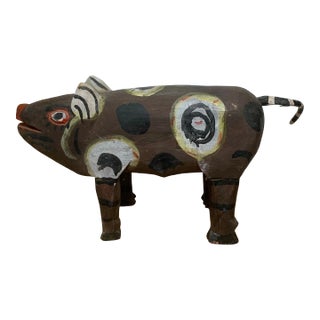 Vintage 1970’s Painted & Carved Wood Guatemalan Folk Art Pig For Sale