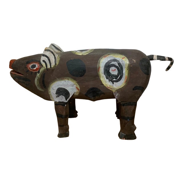 Vintage 1970’s Painted & Carved Wood Guatemalan Folk Art Pig For Sale