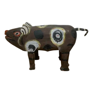 Vintage 1970’s Painted & Carved Wood Guatemalan Folk Art Pig