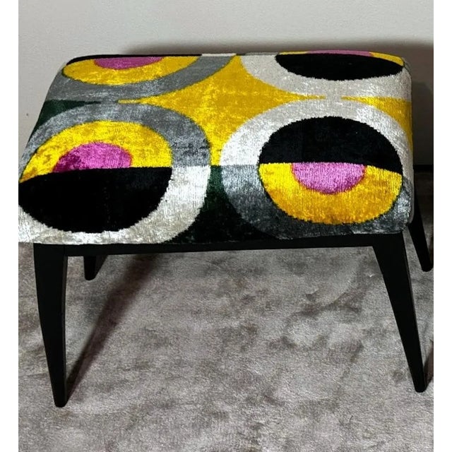 Black 1950s Mid Century Pair of Italian Wood and Silk Velvet Ikat Benches For Sale - Image 8 of 12