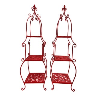 Pair of Chinoiserie Pagoda Form Metal Étagères in Gloss Red For Sale