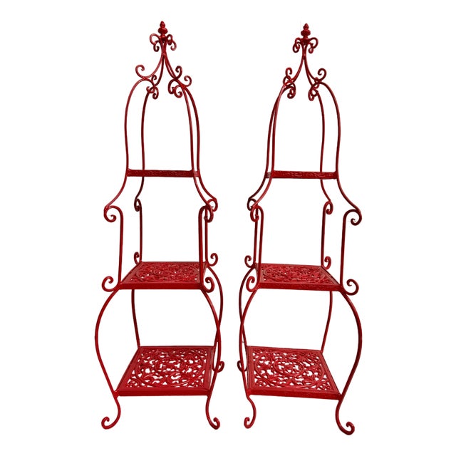 Pair of Chinoiserie Pagoda Form Metal Étagères in Gloss Red For Sale
