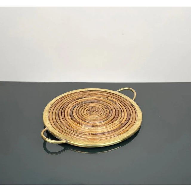 Round Bamboo, Rattan & Brass Serving Tray, Italy, 1970s For Sale - Image 4 of 9