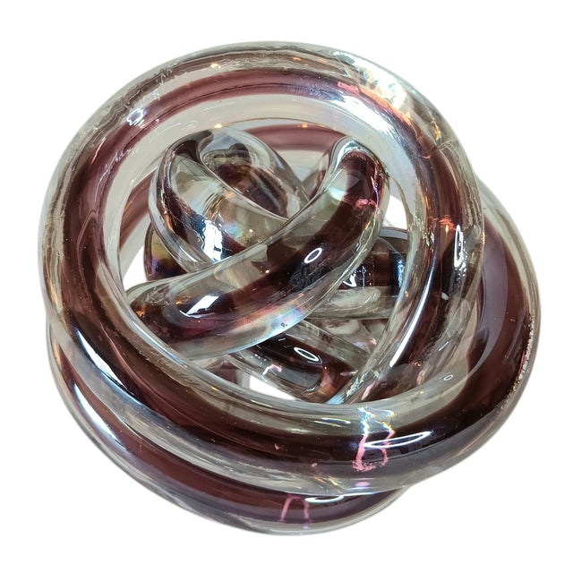 Abstract Art Glass Knot Twisted Infinity Decor Paperweight Clear & Purple Colors 4" X 3.5" For Sale - Image 10 of 11