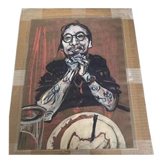 Llegible Artist Signature Modern Expressionist Portrait Mixed Media Lithograph For Sale
