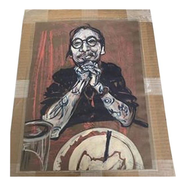 Llegible Artist Signature Modern Expressionist Portrait Mixed Media Lithograph For Sale
