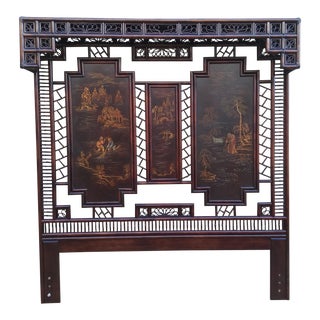 Chinese Chippendale Brighton Pavillion Fretwork Style Chinoiserie Hand Painted Lacquered Asian Light Up King Headboard For Sale