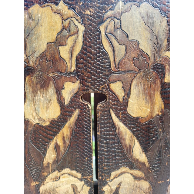 Exceptional early 20th-century Arts & Crafts umbrella and cane stand featuring elaborate stylized iris decoration on all...