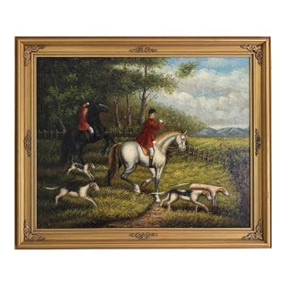 Large Vintage Oil Painting English Fox Hunt Horses Hounds Hunting Scene Art For Sale