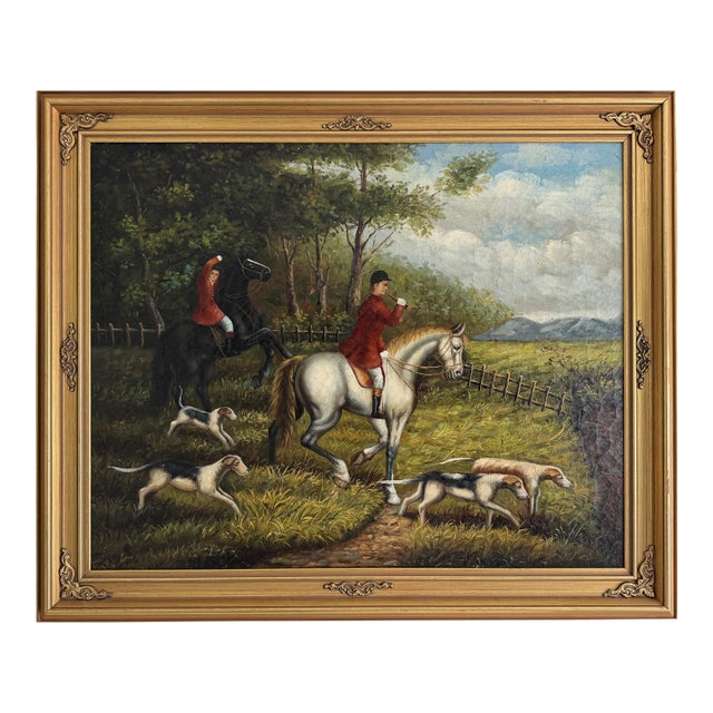 Large Vintage Oil Painting English Fox Hunt Horses Hounds Hunting Scene Art For Sale