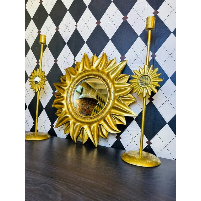 Mid-Century Modern 1970s Midcentury Modern Gold Sunburst Wall Mirror, Hollywood Regency-Style , 15" For Sale - Image 3 of 18