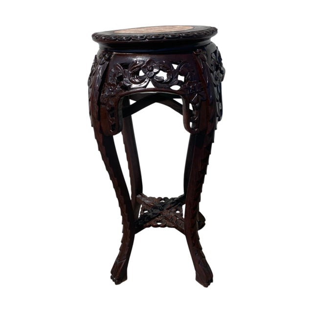 Mid 20th Century 1950’s Chinese Carved Rosewood Marble Top Plant Stand Table/ Pedestal For Sale - Image 5 of 11