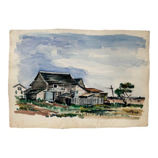 Henry Emil Salloch Original Watercolor on Paper Rustic Rural Farmstead, 1945. For Sale