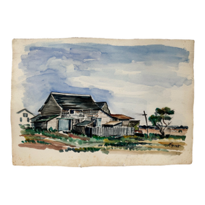 Henry Emil Salloch Original Watercolor on Paper Rustic Rural Farmstead, 1945.