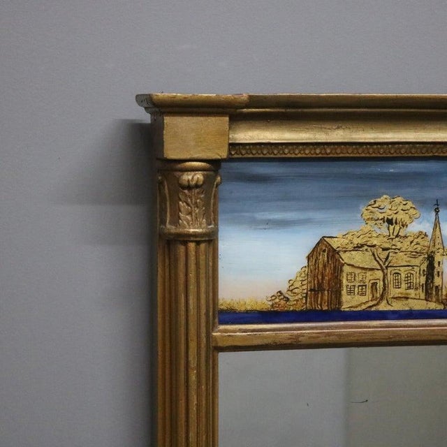 Late 19th Century Antique Giltwood Eglomise Wall Mirror, Reverse Painted Countryside Church, C1 For Sale - Image 5 of 10