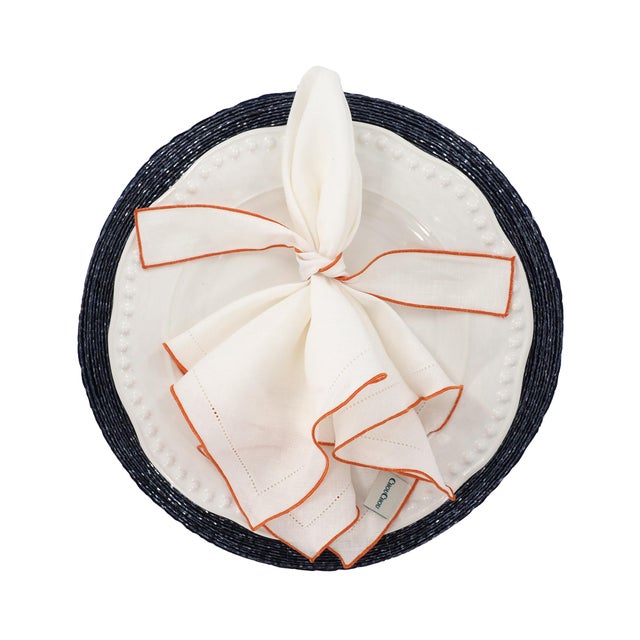 White Linen Napkins With Orange Ruffled Hemstitch Edges, Set of 4 For Sale - Image 11 of 11
