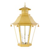 Vintage Chinoiserie Yellow Tole Hanging Lantern Chandelier With Brass Bells For Sale
