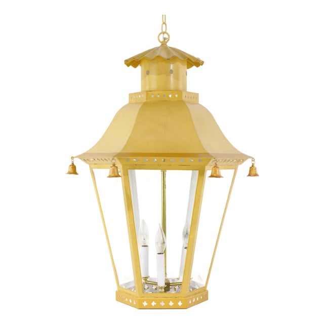 Vintage Chinoiserie Yellow Tole Hanging Lantern Chandelier With Brass Bells For Sale