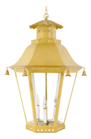 Vintage Chinoiserie Yellow Tole Hanging Lantern Chandelier With Brass Bells