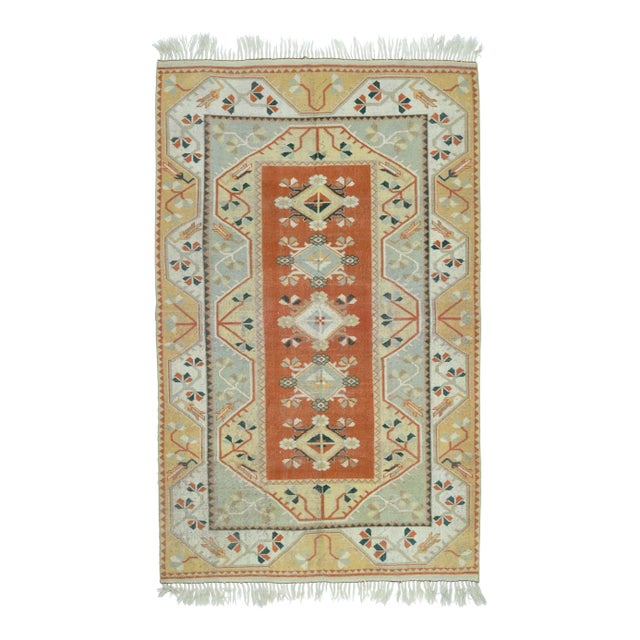 1970s Vintage Turkish Handmade Wool & Cotton Orange Area Rug For Sale