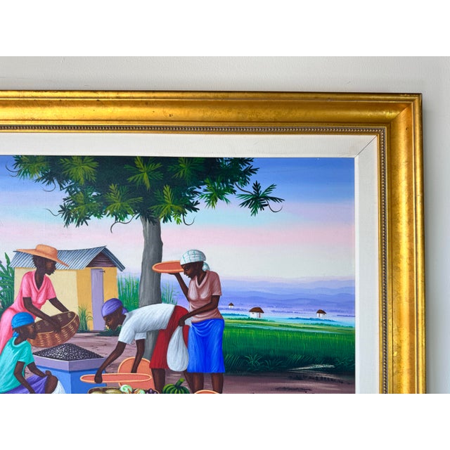 Wood Vintage E. Constant Haitian Market by the Bay Oil on Canvas Painting For Sale - Image 7 of 12