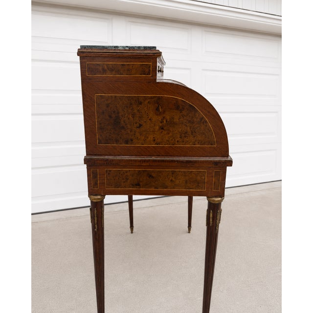 Vintage Louis XVI Solid Wood Cylinder Desk With Rich Mahogany Finish and Green Marble Top For Sale - Image 4 of 7