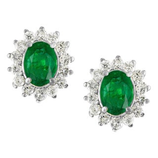 8 Carat Oval Shape Emerald and Diamond Post Back Earrings 14 Karat White Gold For Sale