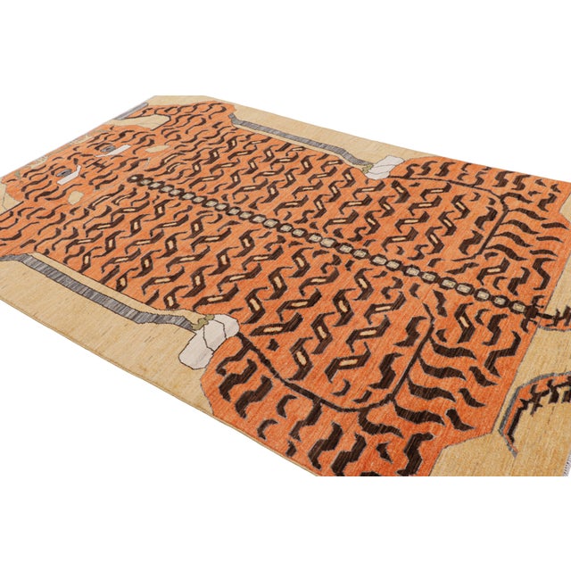 Rug & Kilim Rug & Kilim’s Contemporary Tiger Rug in Gold With Brown and Orange Pictorial For Sale - Image 4 of 7