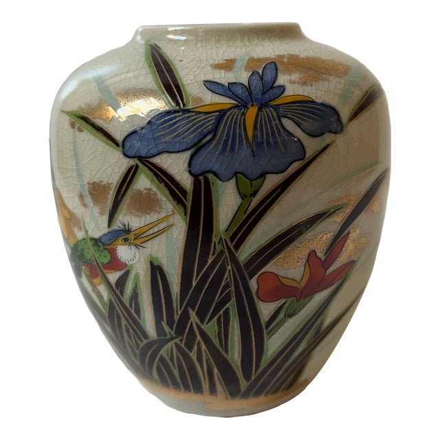 Japanese Ceramic Vase With Iris and Bird For Sale