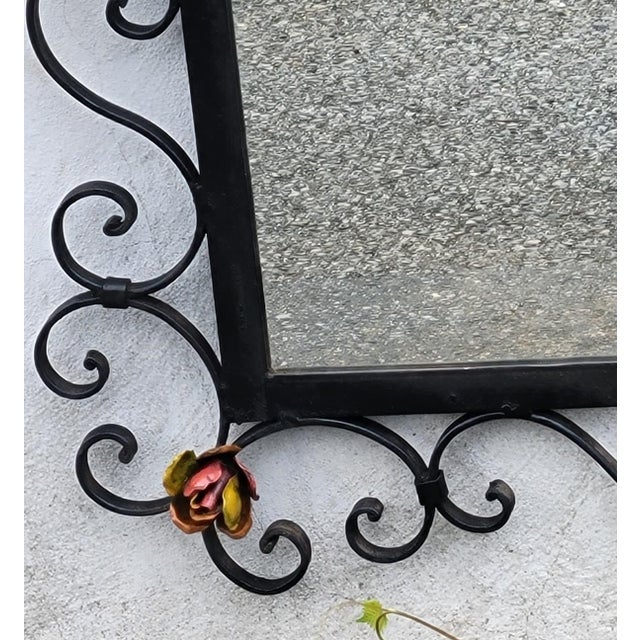 Vintage 1930s American Handmade Wrought Iron Wall Mirror Hand Painted Floral Dec For Sale - Image 11 of 18