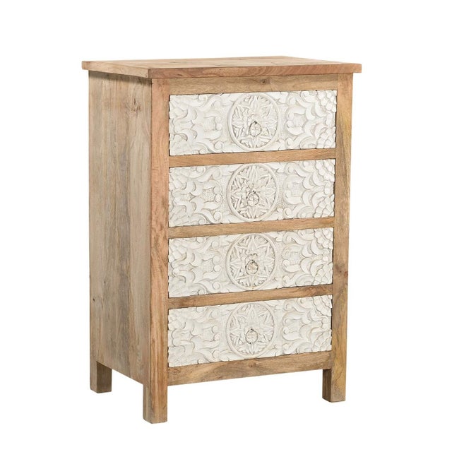1960s 1960s Shabby Chic Mango Wood Bedside Table | Hand Carved 4 Drawer Nightstand | Distressed White Farmhouse Bedroom Furniture | Boho Accent Chest For Sale - Image 5 of 5