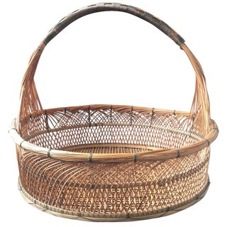 Vintage 1970's Boho Chic Woven Rattan Wicker Basket For Sale