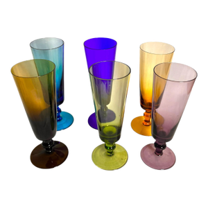 Vintage Set of 6 Jewel Tone Champagne Flutes Glasses Barware Bohemian Modern Art Deco Contemporary
