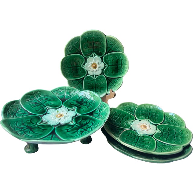 Set of 3 English Majolica Pottery Low Compote and Plates Lily Pads & Herons, C. 1870-1880 For Sale - Image 11 of 11