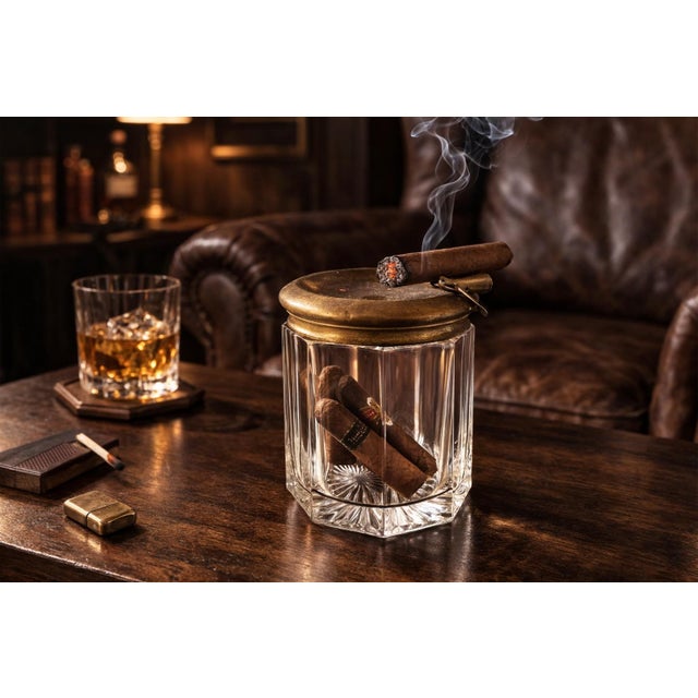 Early 20th Century French Glass Cigar Humidor with Ashtray Lid and Cutter For Sale - Image 5 of 5